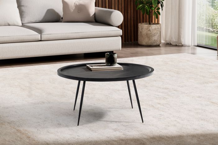 FineBuy Couchtisch 75x75x38 cm Mango Massivholz Metall Schwarz Sofatisch Rund, Design Wohnzimmertisch mit natürlicher Holzmaserung, Kaffeetisch Wohnzimmer Zeitlos