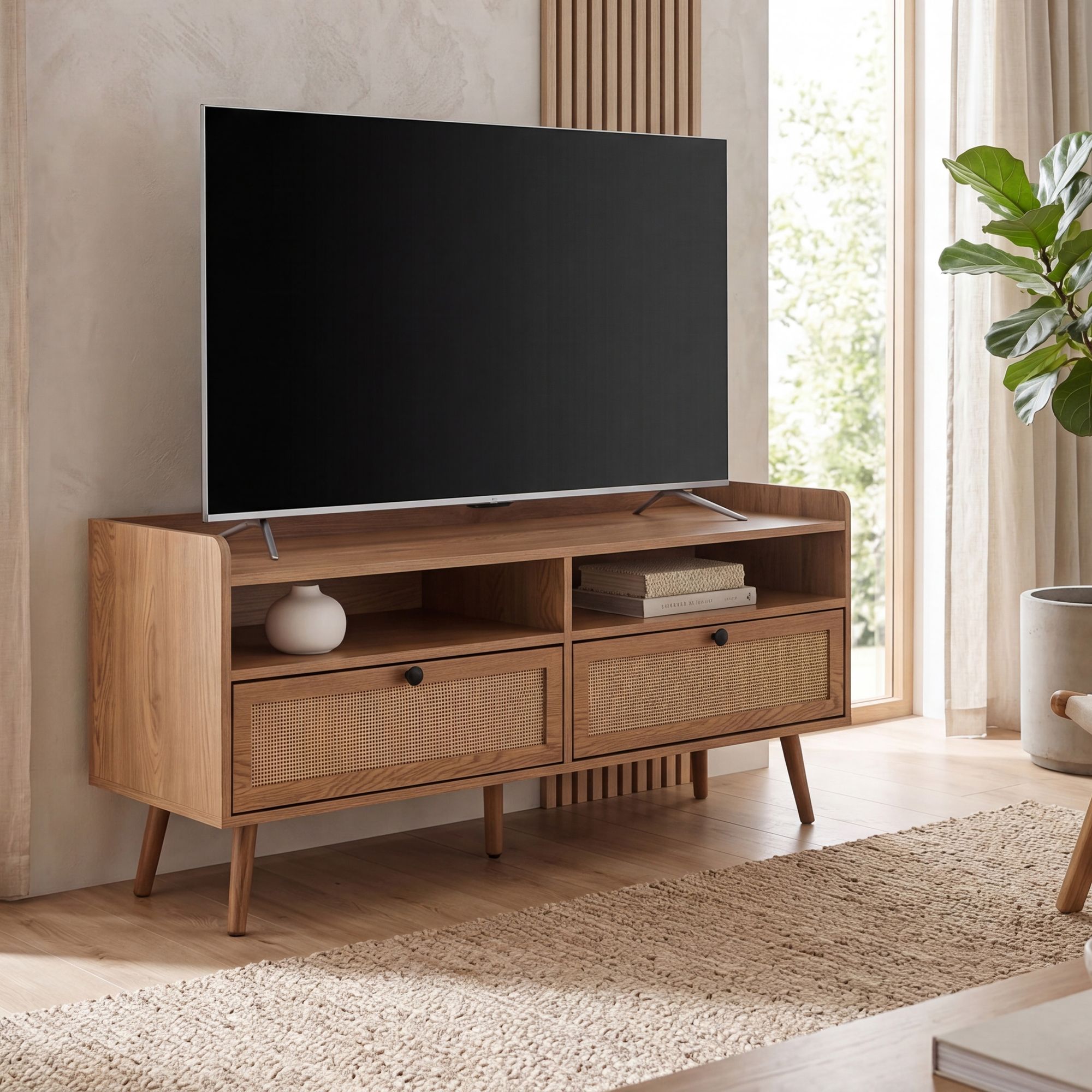 TV-Board 120cm Kommode Ablage & 2 Schubladen Wiener Geflecht Ratten Fernsehschrank Lowboard – Ansicht 1
