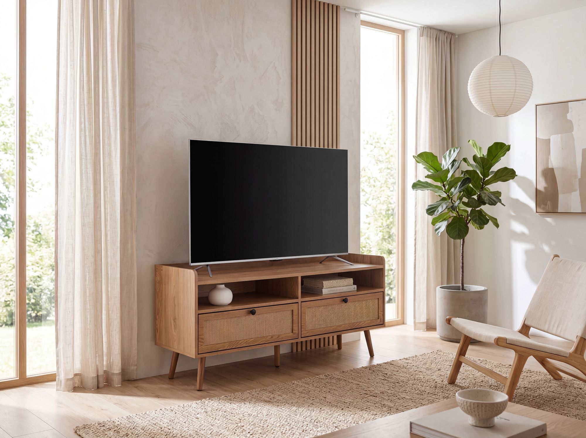 TV-Board 120cm Kommode Ablage & 2 Schubladen Wiener Geflecht Ratten Fernsehschrank Lowboard – Ansicht 4