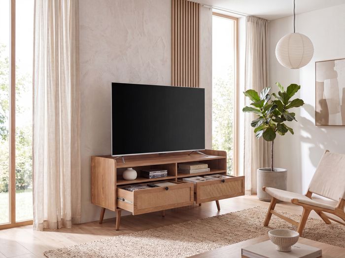 FineBuy Lowboard 120x56x39 cm TV-Kommode mit Eiche-Dekor & Rattan, Design TV-Schrank Hoch mit Schubladen, Fernsehtisch Fernsehschrank Stauraum, Fernsehkommode Wohnzimmer