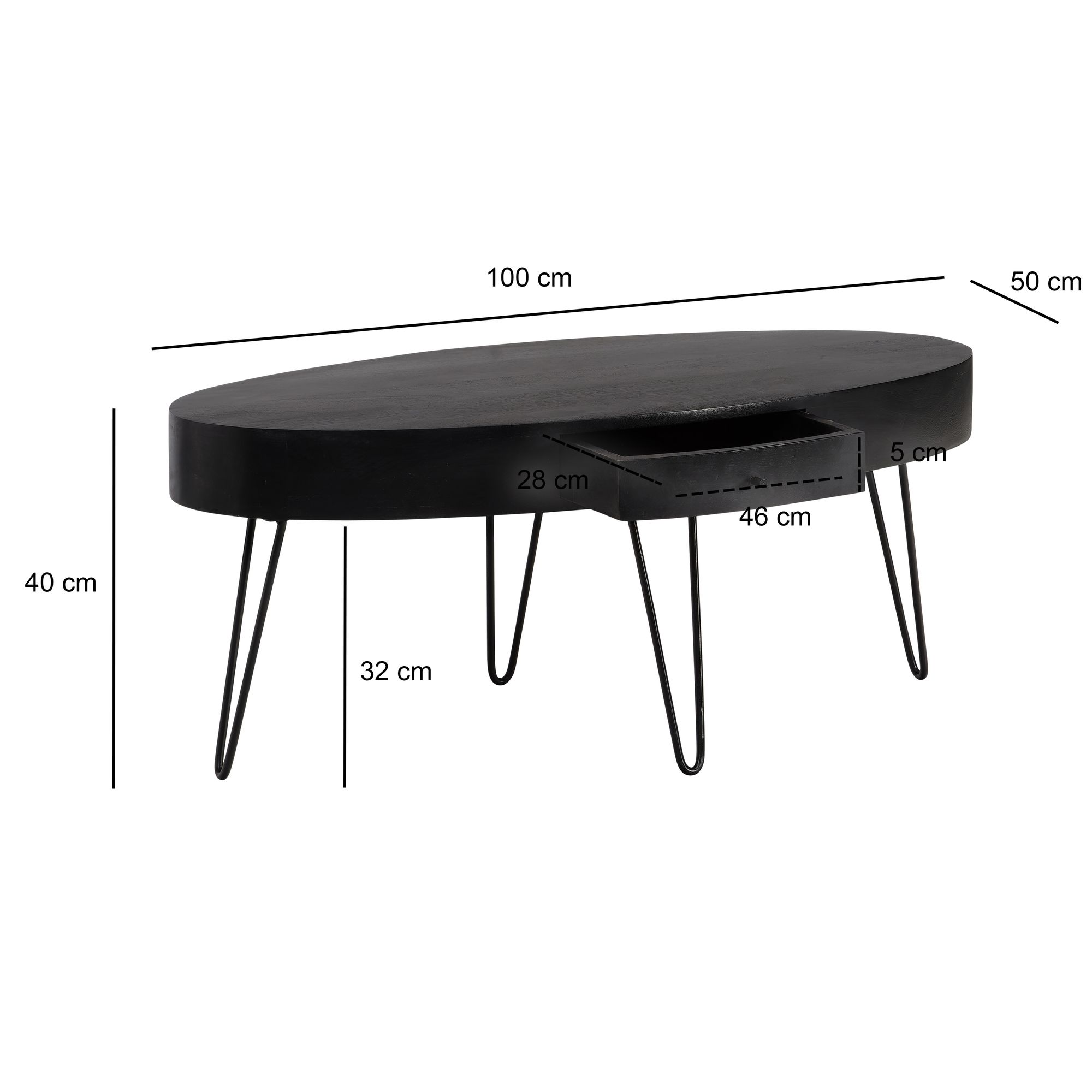 Couchtisch 100cm oval Massivholz schwarz Wohnzimmertisch Schublade Industrial – Ansicht 3