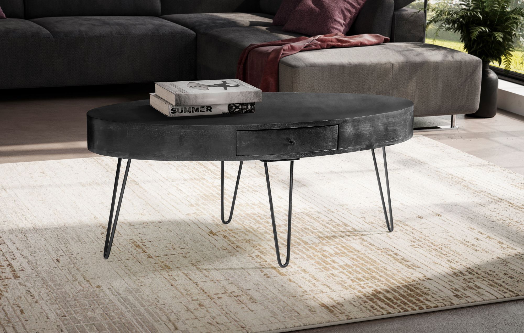 Couchtisch 100cm oval Massivholz schwarz Wohnzimmertisch Schublade Industrial – Ansicht 2