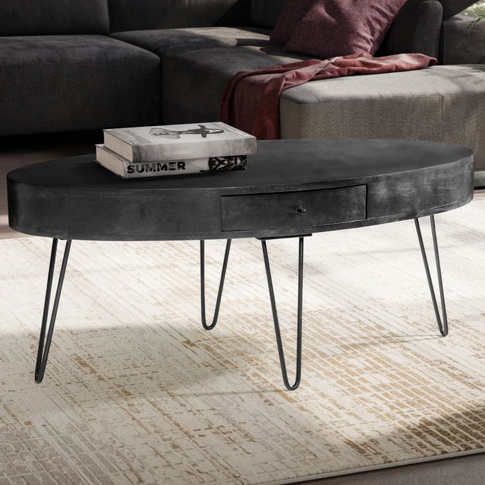 FineBuy Couchtisch 100x50x40 cm Mango Massivholz Metall Sofatisch, Design Wohnzimmertisch Oval mit Schublade, Kaffeetisch Stauraum Massiv, Großer Tisch Wohnzimmer Haarnadelbeine