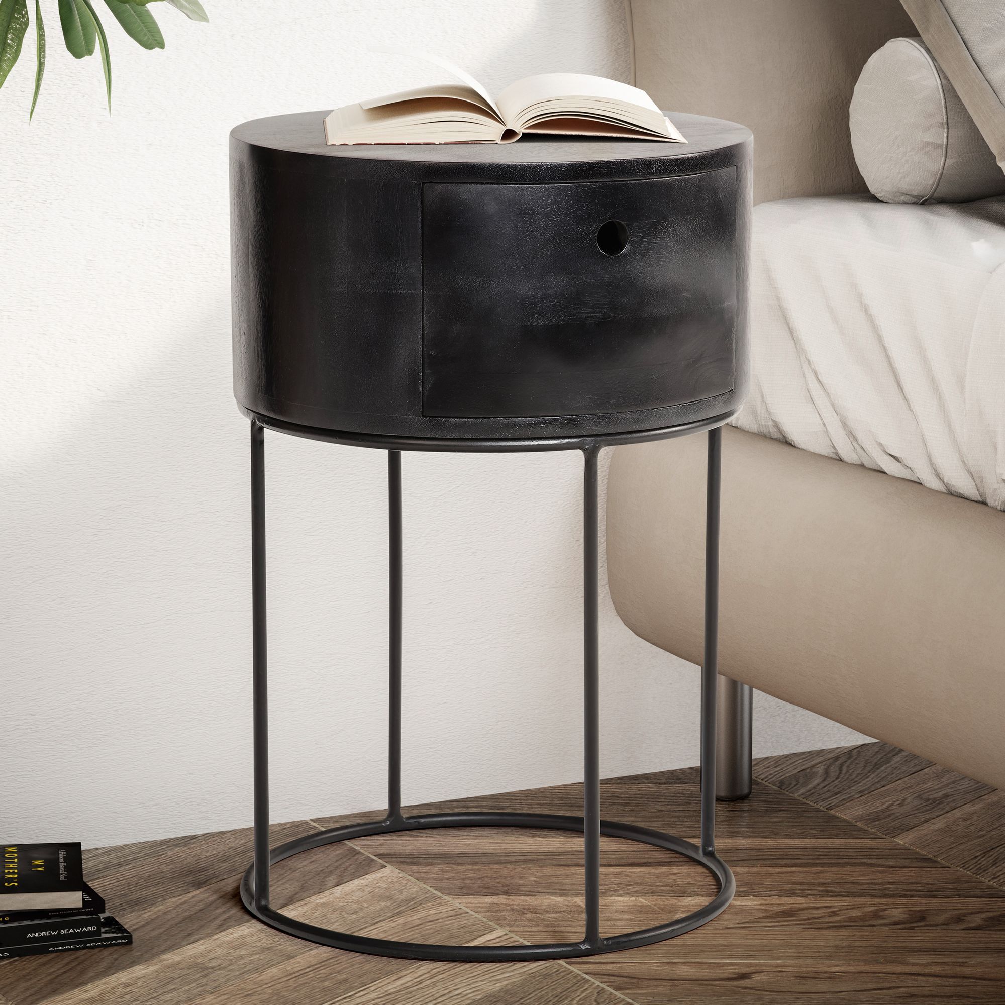 Nachttisch FineBuy Nachtkonsole Boxspringbett Holz Massiv 60 cm Schublade Rund – Ansicht 1