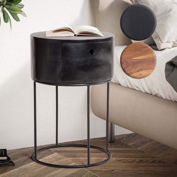 FineBuy Nachtkonsole Massivholz Metall 40x40x60 cm Nachttisch, Design Nachtkommode Rund Boxspringbett mit Schublade, Nachtkästchen mit Stauraum