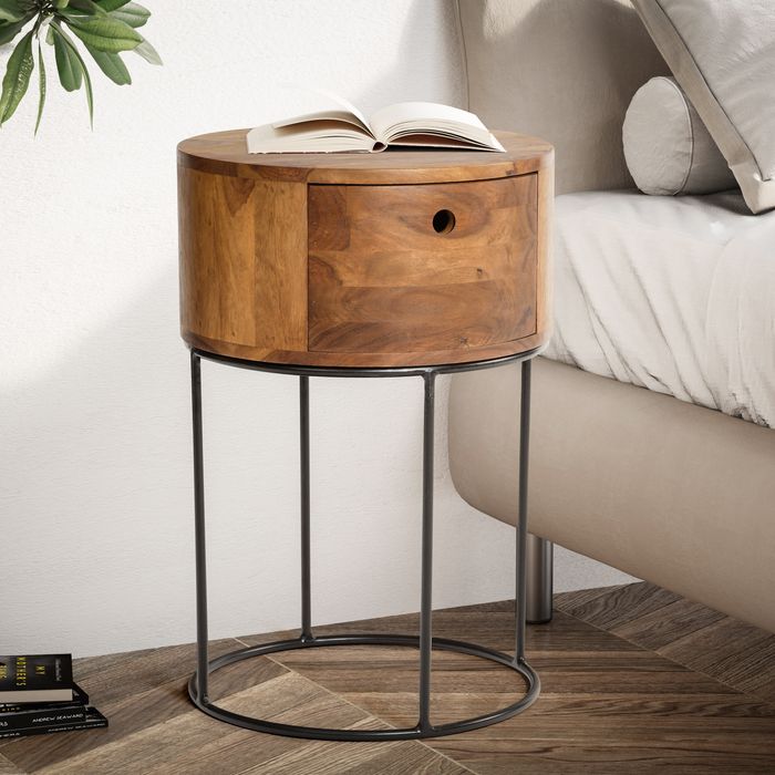 Nachttisch FineBuy Nachtkonsole Boxspringbett Holz Massiv 60 cm Schublade Rund
