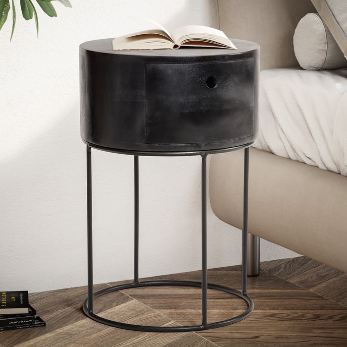 Nachttisch FineBuy Nachtkonsole Boxspringbett Holz Massiv 60 cm Schublade Rund