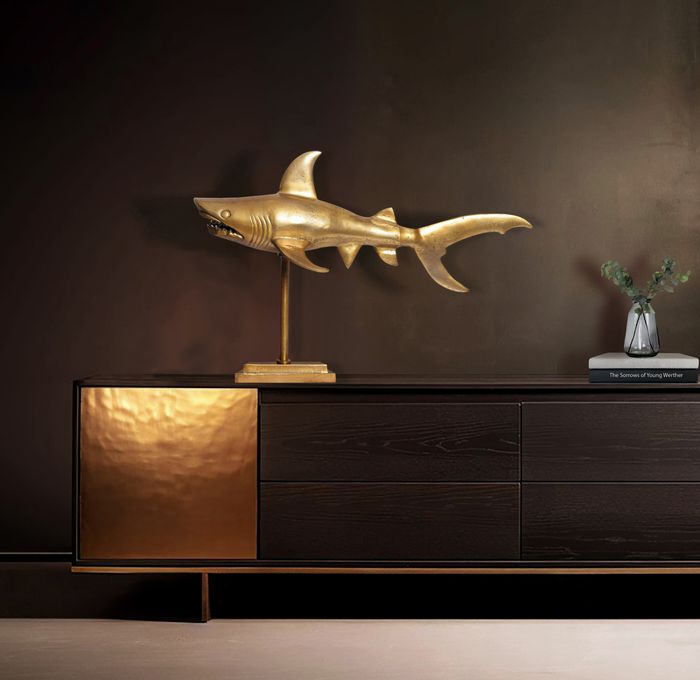 FineBuy Dekofigur Hai Aluminium Maritim 70 cm mit Standfuß, Design Metall Deko Alu Modern, Tischdeko Wohndeko Aluminiumdekoration, Dekoration Wohnaccessoire