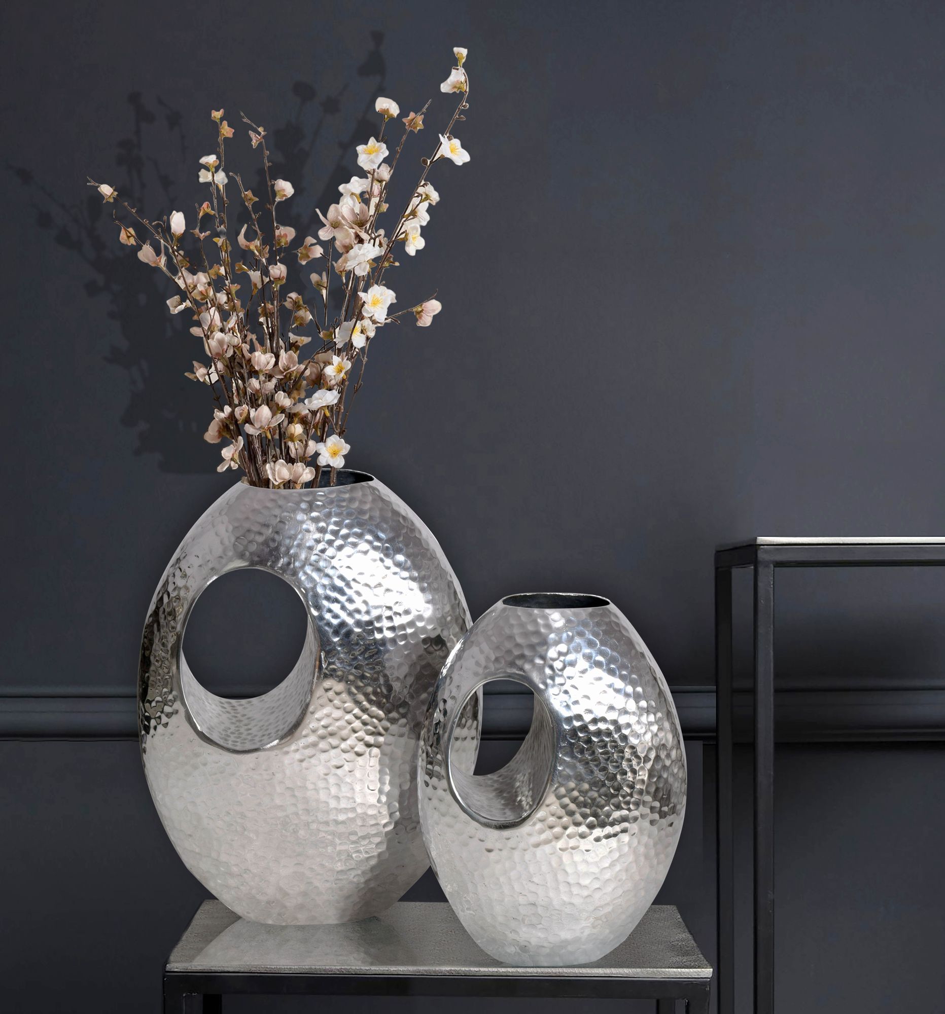 Vase 2er Set FineBuy Blumenvase Aluminium Hammerschlag Tischvase Modern Dekovase – Ansicht 1