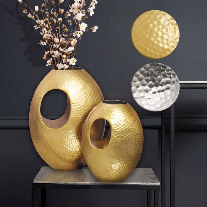 FineBuy Deko Vase 2er Set Aluminium mit Tragegriff Blumenvase Modern, Hammerschlag Dekovase 2-teilig für Blumen, Alu Tischvase Handgefertigt
