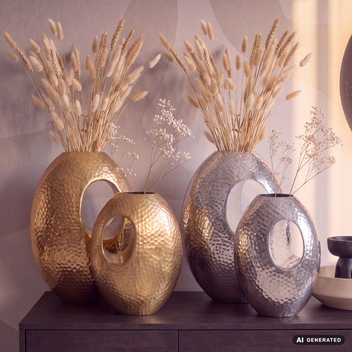 FineBuy Deko Vase 2er Set Aluminium mit Tragegriff Blumenvase Modern, Hammerschlag Dekovase 2-teilig für Blumen, Alu Tischvase Handgefertigt