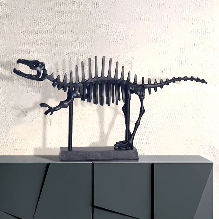 FineBuy Dekofigur T-Rex Aluminium Schwarz Dino Statue 62 cm mit Sockel, Design Metall Deko Alu Modern, Tischdeko Wohndeko Aluminiumdekoration, Dekoration Wohnaccessoire