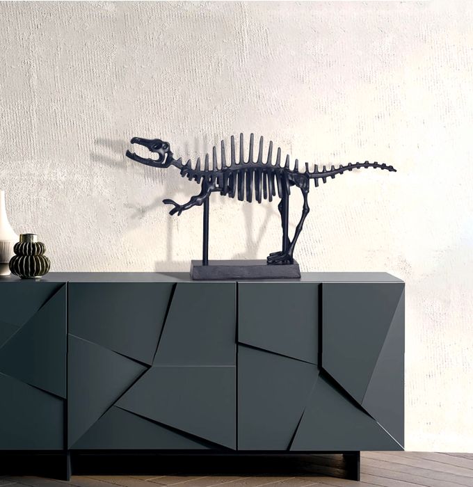 FineBuy Dekofigur T-Rex Aluminium Schwarz Dino Statue 62 cm mit Sockel, Design Metall Deko Alu Modern, Tischdeko Wohndeko Aluminiumdekoration, Dekoration Wohnaccessoire
