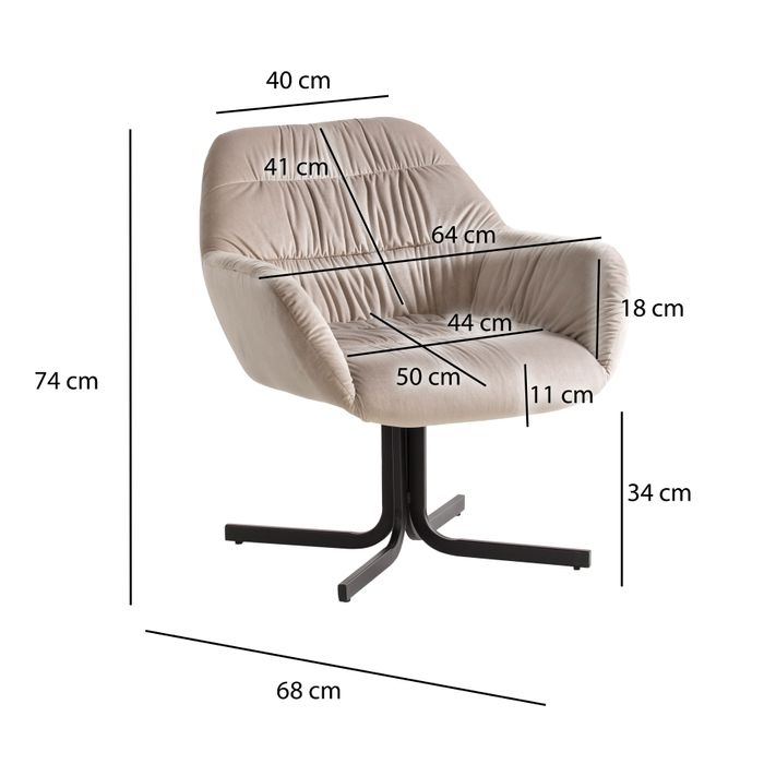 Loungesessel FineBuy Clubsessel Samt Metall Cocktailsessel Schalenstuhl Armlehne – Maßzeichnung