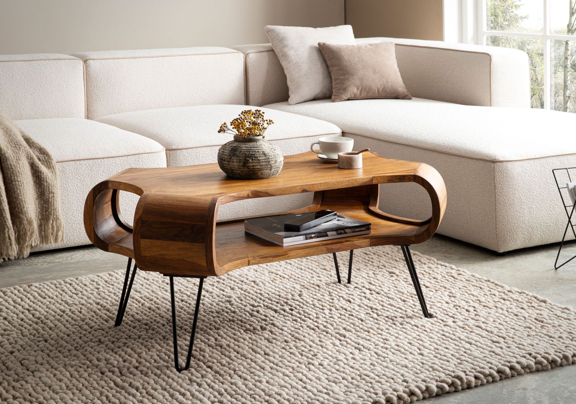 Couchtisch FineBuy Wohnzimmertisch Massivholz 100 cm Sofatisch Tisch Stauraum – Ansicht 2