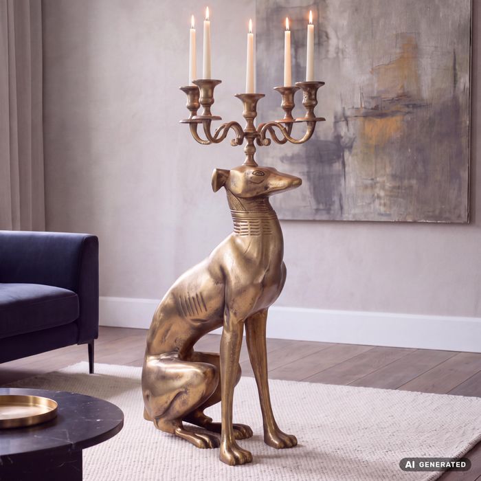 FineBuy Kerzenhalter Windhund Aluminium Gold 69 cm 5-armiger Kerzenleuchter, Kerzenständer Metall für fünf Kerzen, Bodenkerzenhalter Modern, Wohnaccessoire Hund