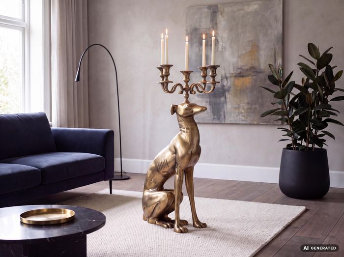 FineBuy Kerzenhalter Windhund Aluminium Gold 69 cm 5-armiger Kerzenleuchter, Kerzenständer Metall für fünf Kerzen, Bodenkerzenhalter Modern, Wohnaccessoire Hund