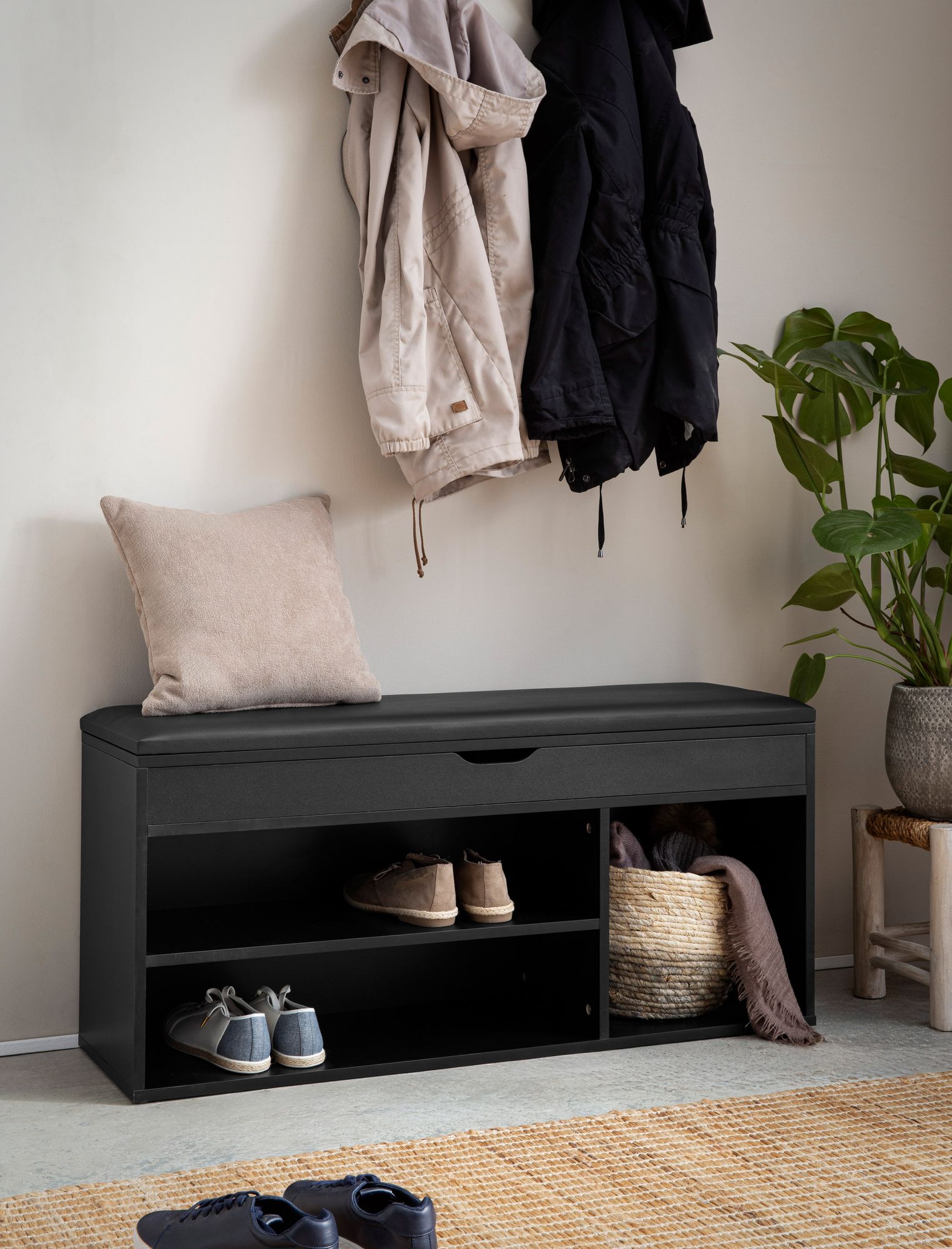 Schuhbank FineBuy Garderobenbank 104 cm Sitzbank Kunstleder Flurbank Schwarz – Ansicht 2