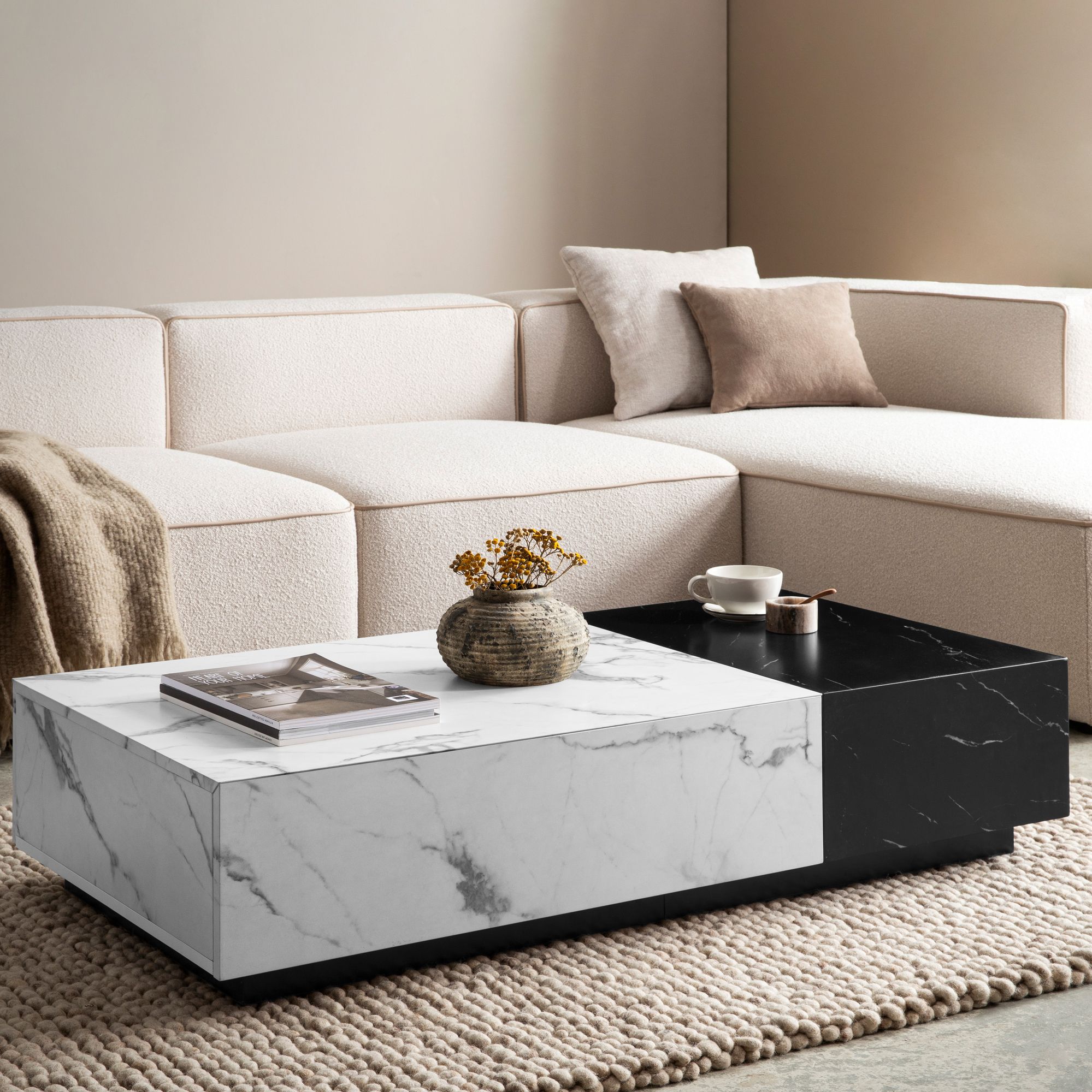 Couchtisch FineBuy Sofatisch Weiß 120 cm Marmoroptik Wohnzimmertisch Schublade – Ansicht 1