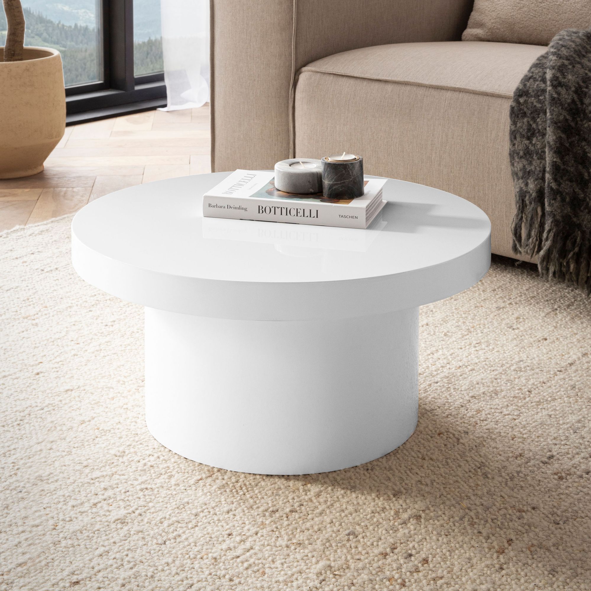Couchtisch FineBuy Sofatisch Weiß Ø60cm Hochglanz Wohnzimmertisch Rund Klein – Ansicht 1
