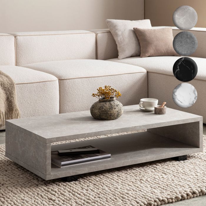 FineBuy Couchtisch 100x50x25 cm Sofatisch in Marmor-Optik Modern, Design Wohnzimmertisch Rechteckig mit Stauraum, Loungetisch Schlicht, Kaffeetisch Groß