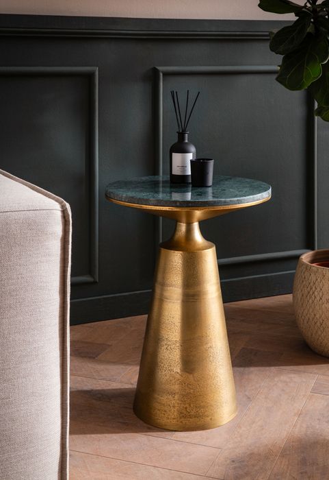 FineBuy Beistelltisch Echter Marmor Metall 40x40x56,5 cm Anstelltisch Grün Gold, Kleiner Abstelltisch Rund, Wohnzimmertisch Couch Modern, Marmortisch Hoch