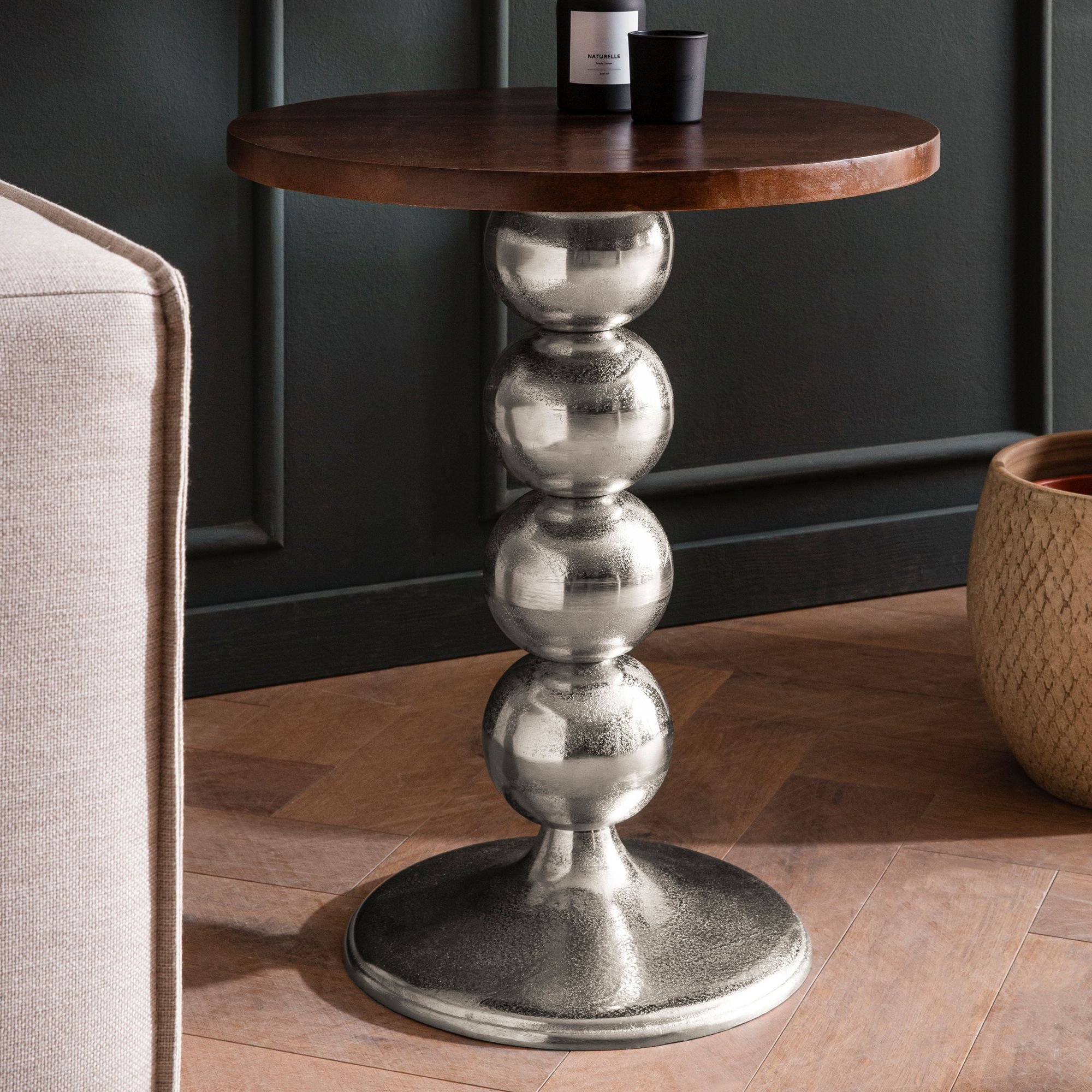 FineBuy Beistelltisch Mango Massivholz Metall 50x50x61,5 cm Anstelltisch, Kleiner Abstelltisch Rund, Wohnzimmertisch Couch Modern, Sofatisch Hoch