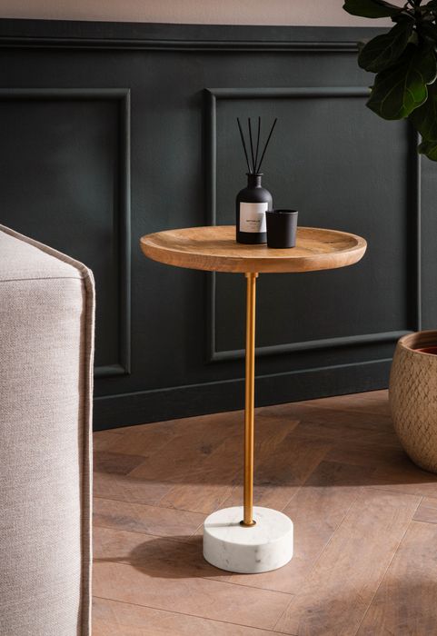 FineBuy Beistelltisch Mango Massivholz Echter Marmor 40x40x55 cm Anstelltisch, Kleiner Abstelltisch Rund, Wohnzimmertisch Couch Modern, Sofatisch Hoch