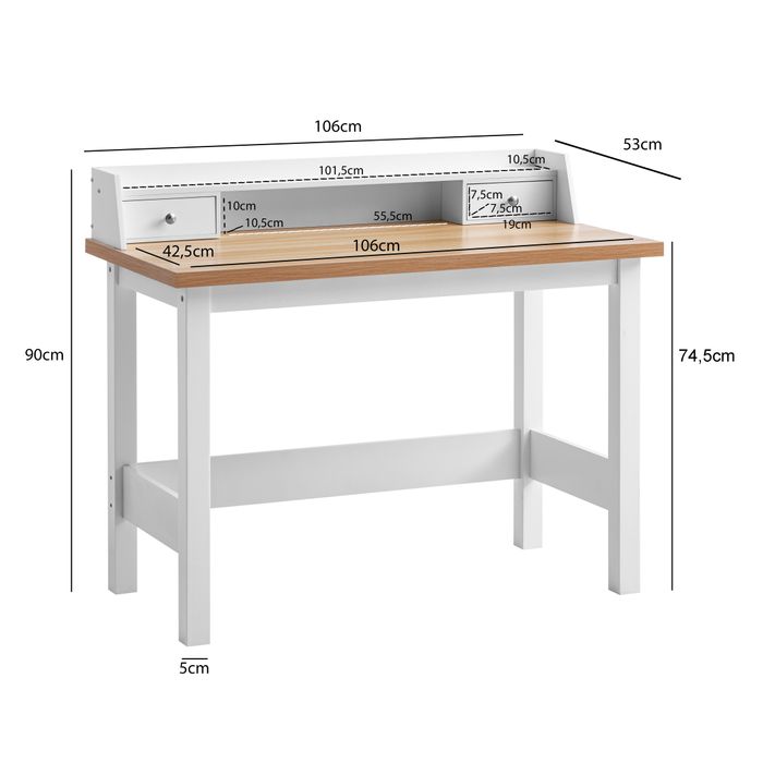 Schreibtisch FineBuy Bürotisch 106 cm Weiß Schublade Platzsparend Computertisch – Maßzeichnung