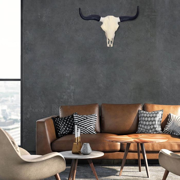 FineBuy Deko Geweih Büffel-Schädel Weiß 55,5 cm Aluminium Design Stierkopf, Wanddekoration Horn Modern, Wandskulptur mit Hörner Geweih-Jagdtrophäe Metall, Wandschmuck Groß