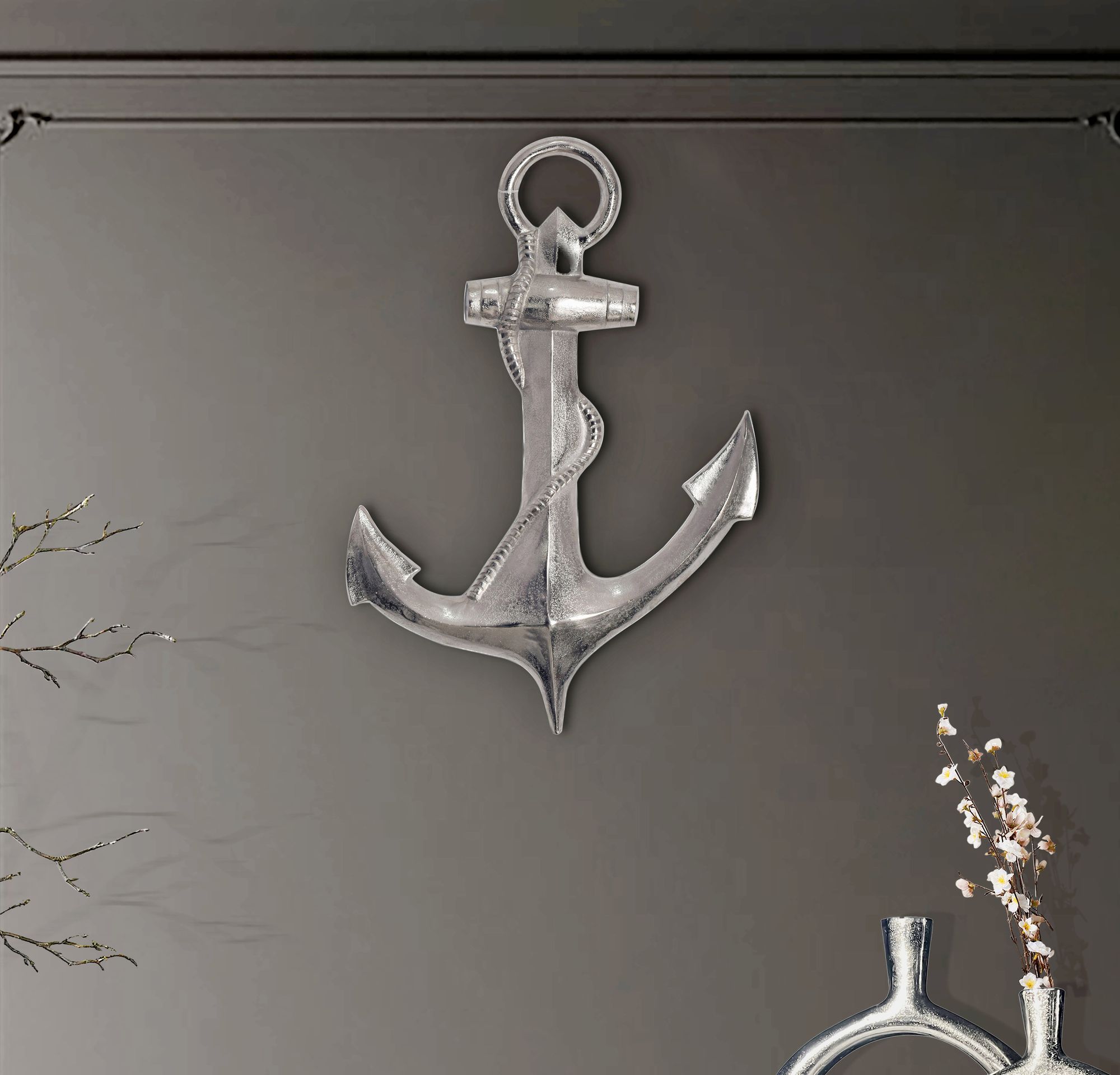 Deko Anker FineBuy Wanddeko 70 cm Silber XXL Maritim Aluminium Modern Wohndeko – Ansicht 2