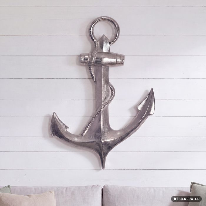 FineBuy Deko Anker 70 cm Silber Große Aluminium-Figur Wohndeko Maritim, Design Wanddekoration Metall, Dekoration für Zuhause, XXL Wandschmuck, Wanddeko Modern