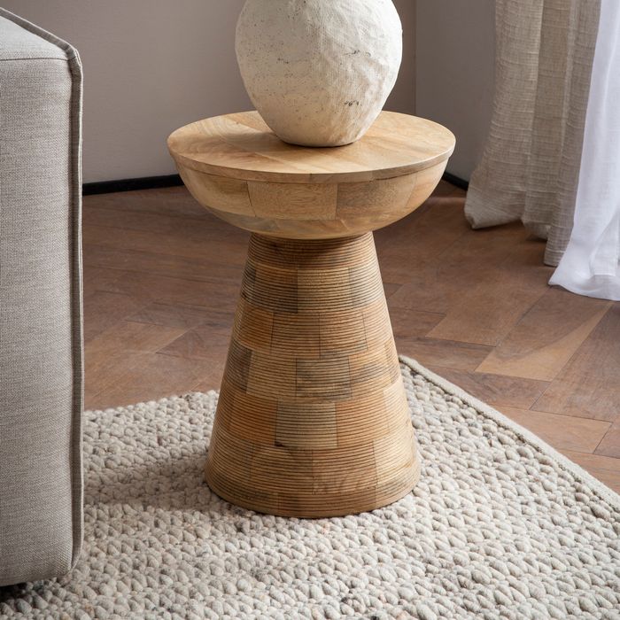 FineBuy Beistelltisch Mango Massivholz Naturgebleicht 37x37x45 cm Anstelltisch, Kleiner Abstelltisch Hellbraun Rund, Wohnzimmertisch Couch Rillenmuster Modern, Sofatisch Blumentisch Hoch