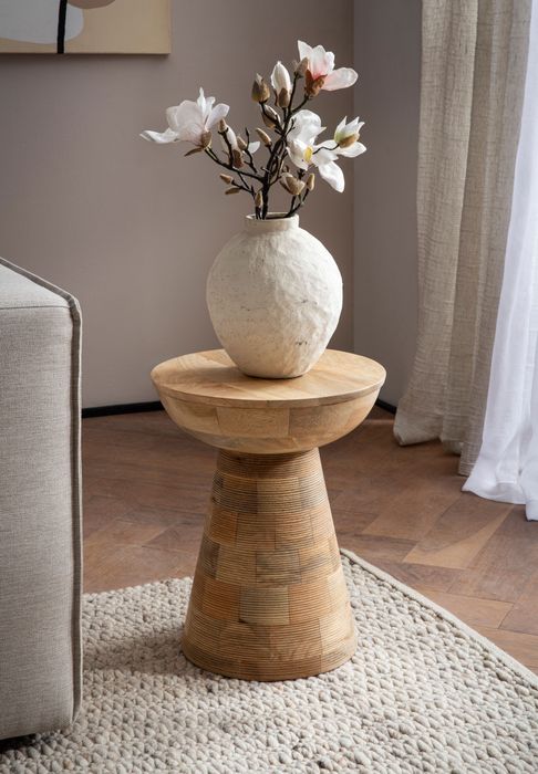 FineBuy Beistelltisch Mango Massivholz Naturgebleicht 37x37x45 cm Anstelltisch, Kleiner Abstelltisch Hellbraun Rund, Wohnzimmertisch Couch Rillenmuster Modern, Sofatisch Blumentisch Hoch