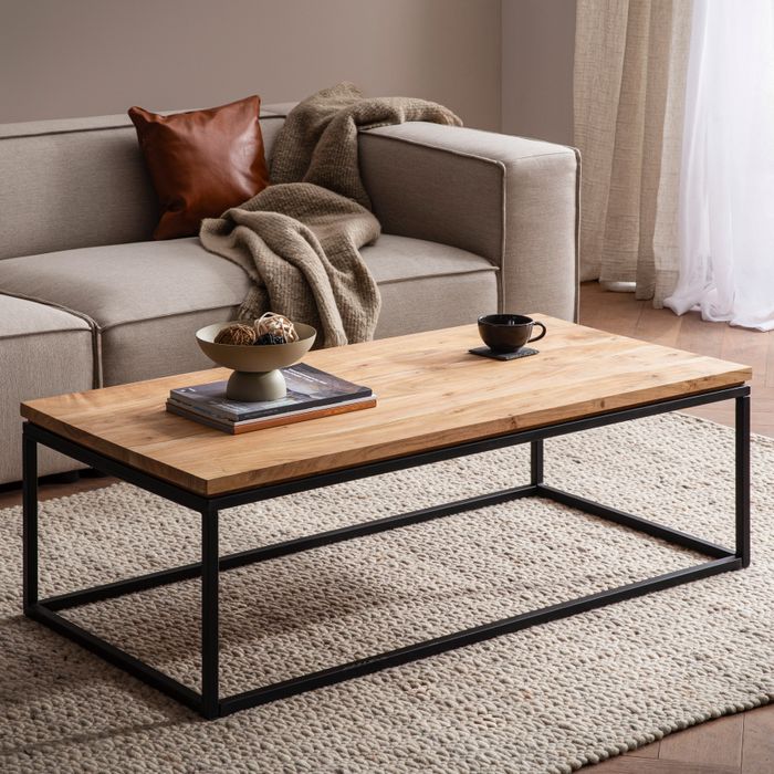 FineBuy Couchtisch 120x60x40 cm Akazie Massivholz Metall Sofatisch Rechteckig, Design Wohnzimmertisch mit natürlicher Holzmaserung, Kaffeetisch Wohnzimmer Modern
