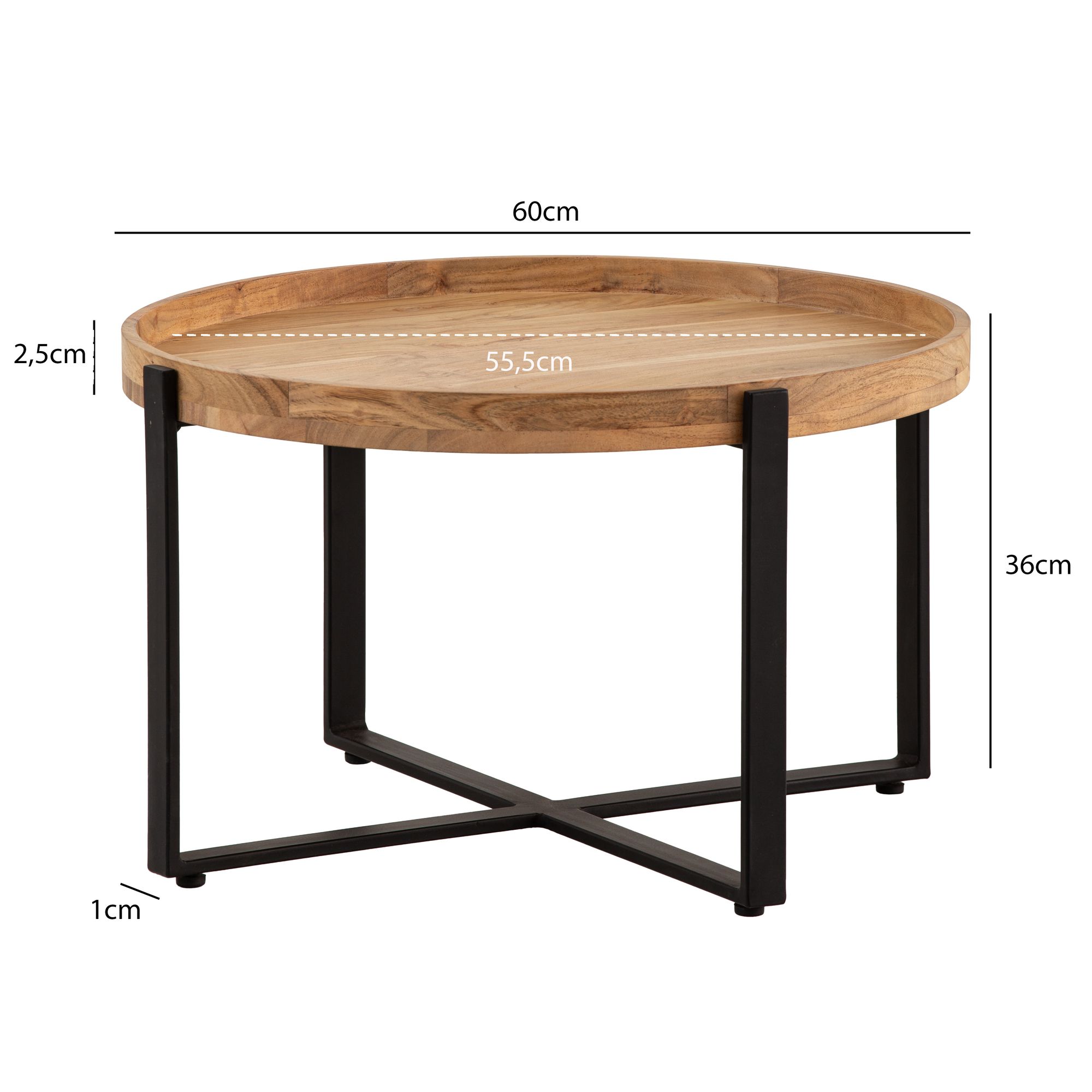 FineBuy Couchtisch Akazie Massivholz rund 60cm Wohnzimmertisch Kreuzgestell – Ansicht 3