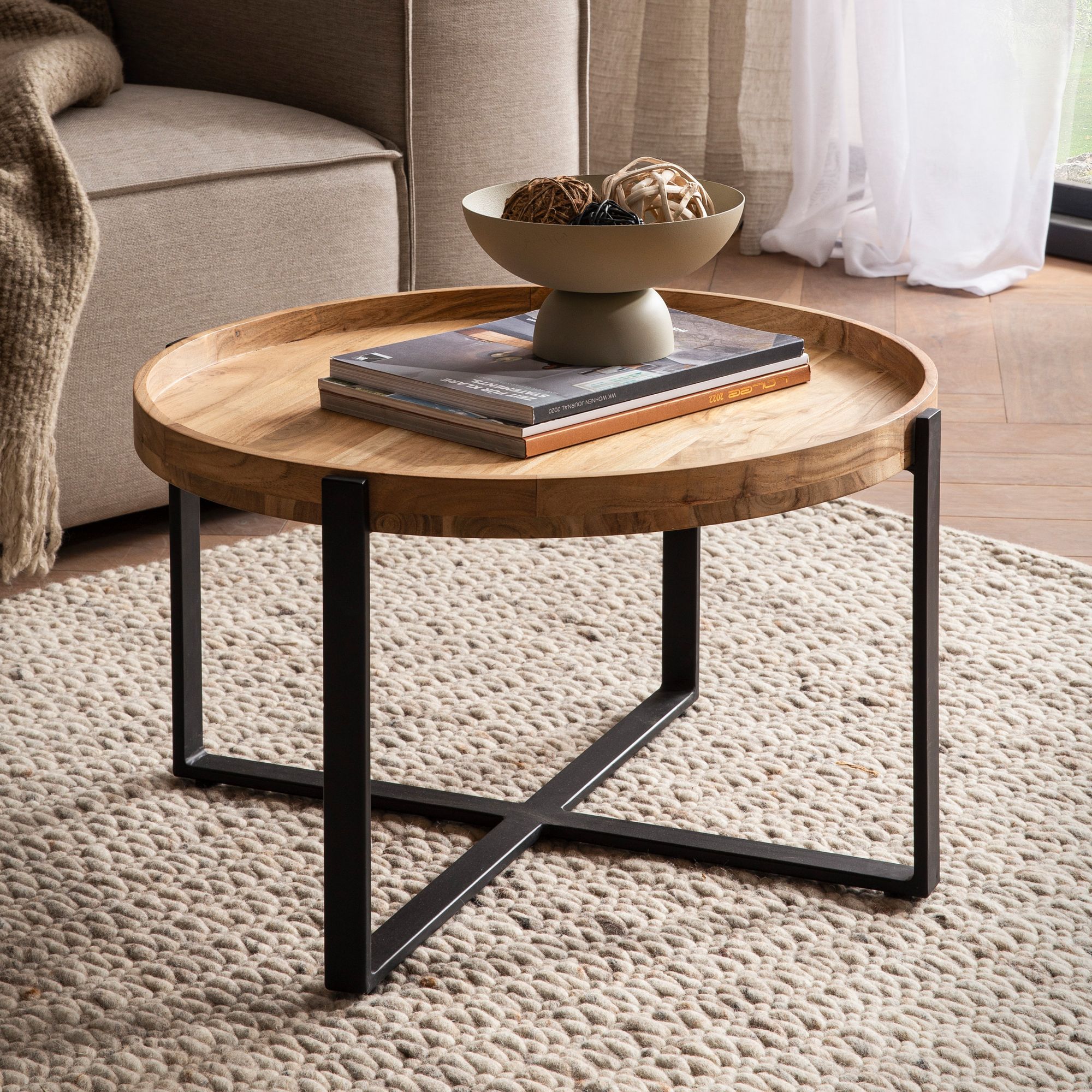 FineBuy Couchtisch Akazie Massivholz rund 60cm Wohnzimmertisch Kreuzgestell – Ansicht 1