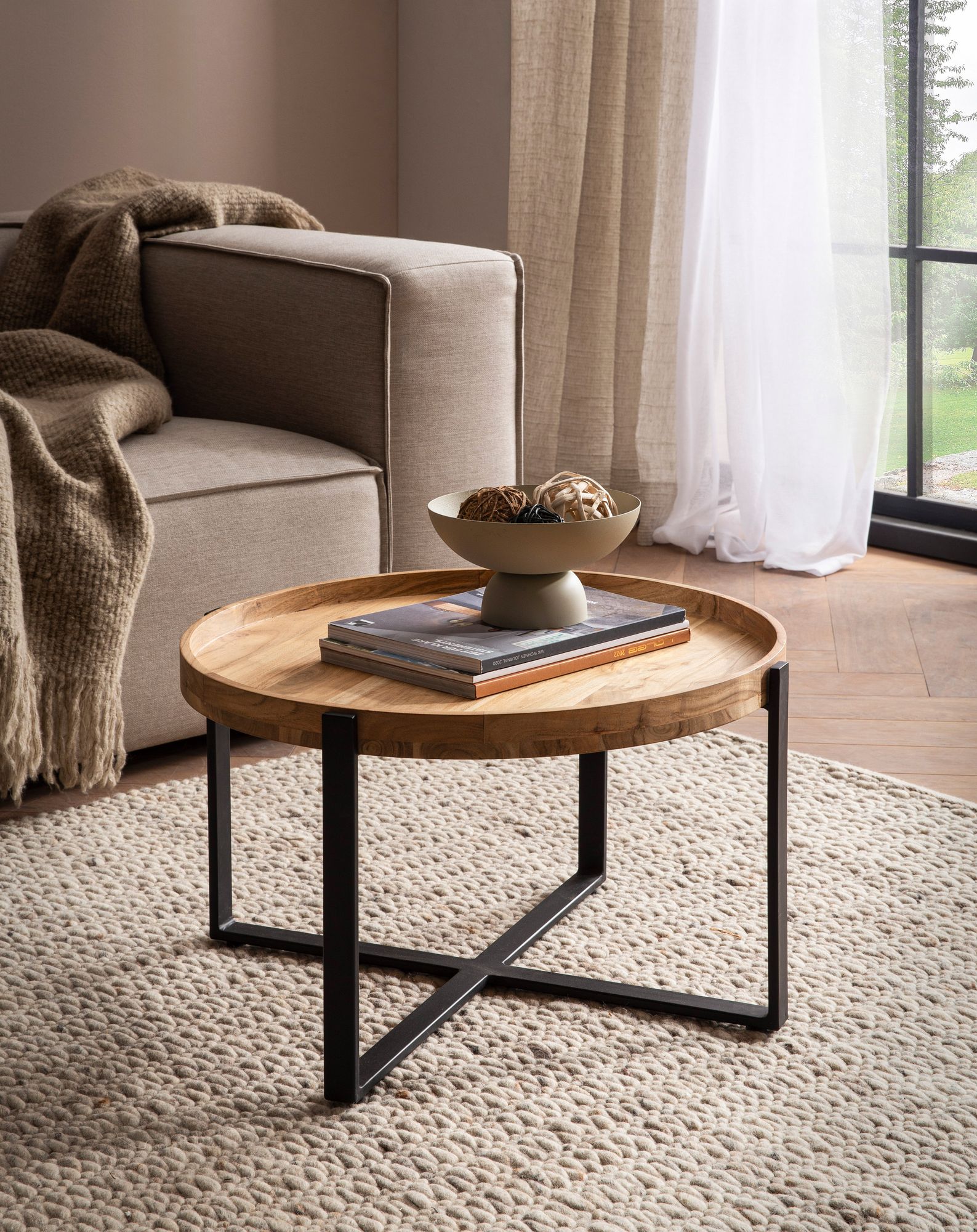 FineBuy Couchtisch Akazie Massivholz rund 60cm Wohnzimmertisch Kreuzgestell – Ansicht 2