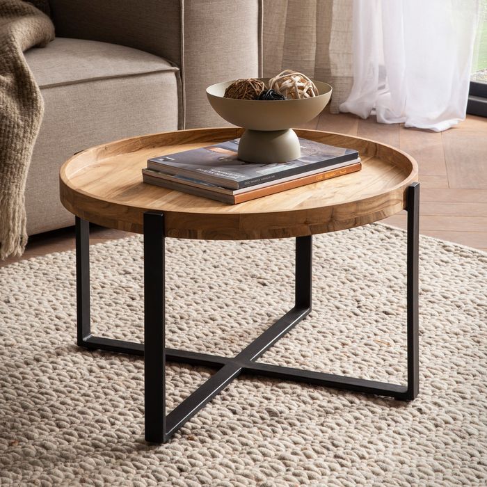 FineBuy Couchtisch 60x60x36 cm Akazie Massivholz Metall Hellbraun Sofatisch Rund, Design Wohnzimmertisch mit erhöhtem Rand, Industrial Kaffeetisch Wohnzimmer Modern