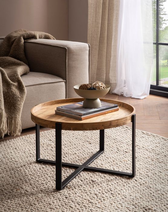 FineBuy Couchtisch 60x60x36 cm Akazie Massivholz Metall Hellbraun Sofatisch Rund, Design Wohnzimmertisch mit erhöhtem Rand, Industrial Kaffeetisch Wohnzimmer Modern