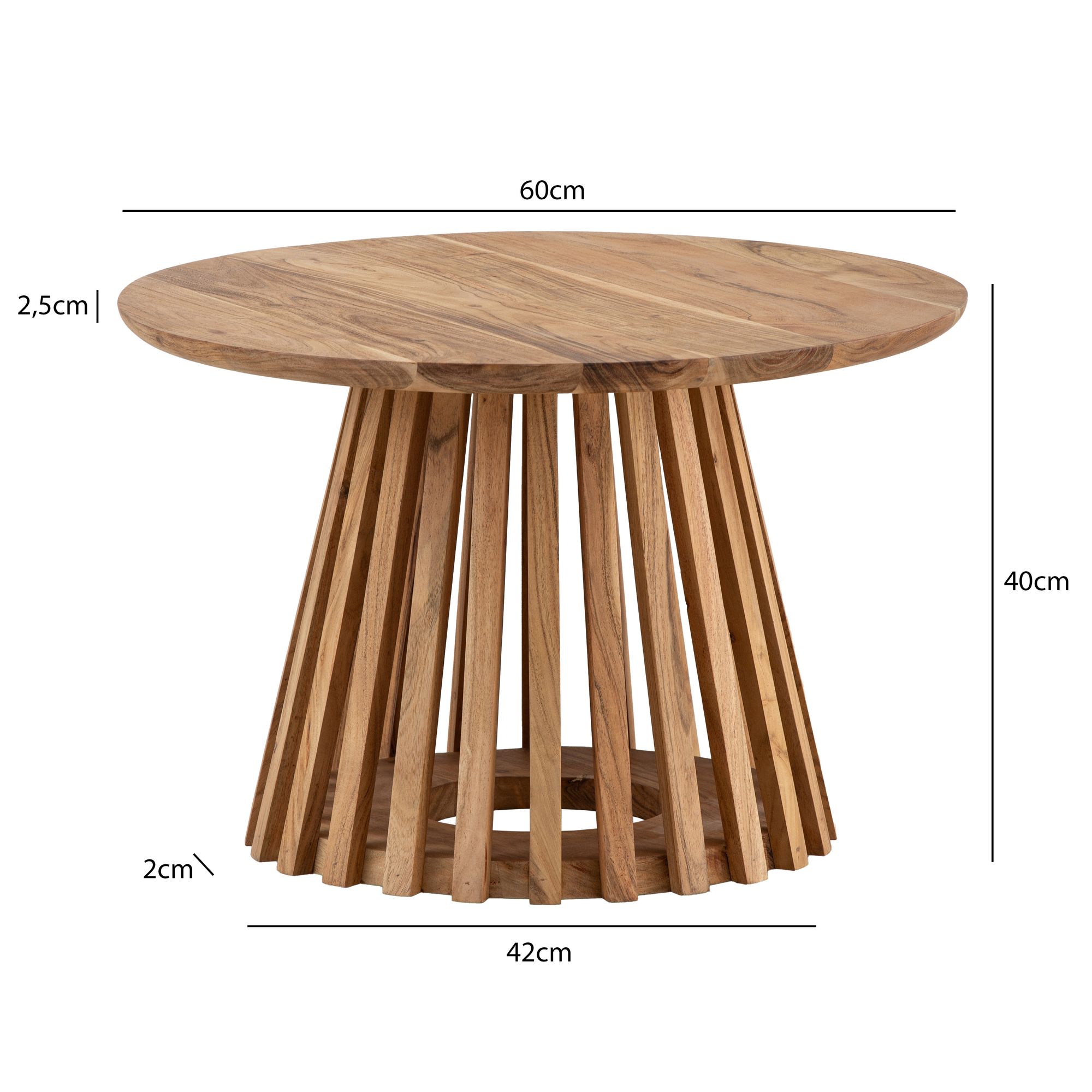 FineBuy Couchtisch Akazie Massivholz rund 60 cm Wohnzimmertisch Lamellenfuß – Ansicht 3