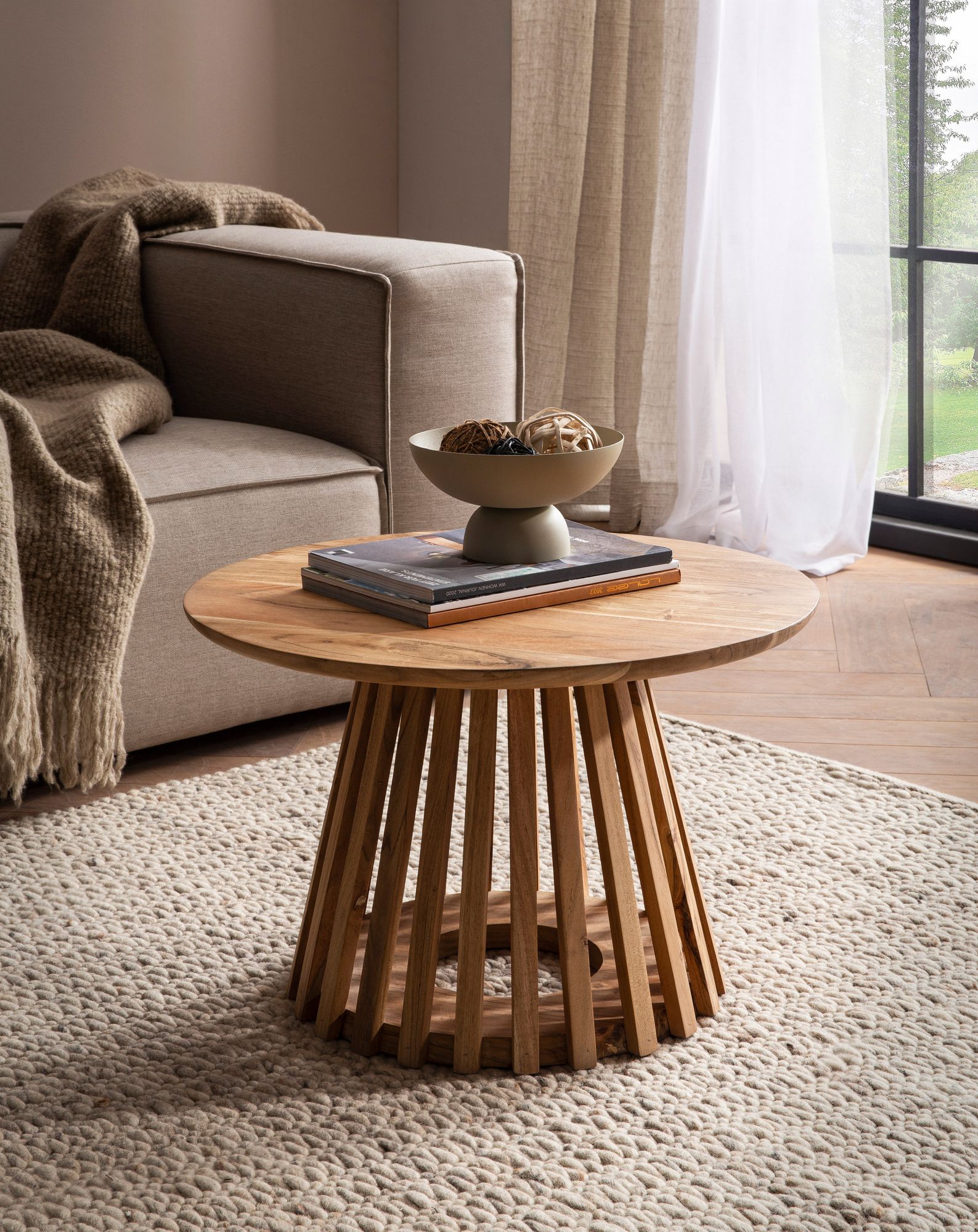 FineBuy Couchtisch Akazie Massivholz rund 60 cm Wohnzimmertisch Lamellenfuß – Ansicht 2
