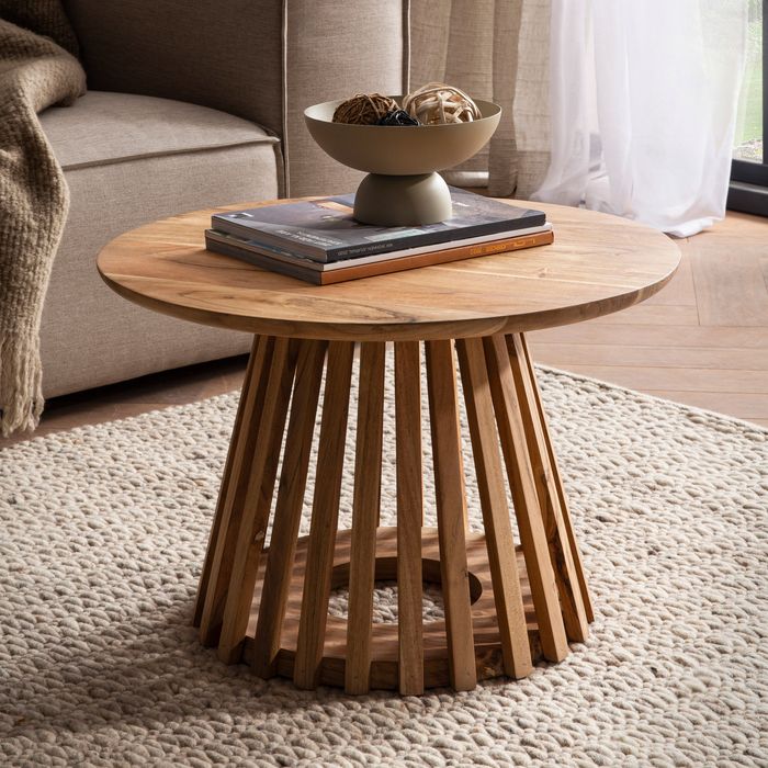 FineBuy Couchtisch 60x60x40 cm Akazie Massivholz Hellbraun Sofatisch Rund, Design Wohnzimmertisch mit Gittergestell, Kaffeetisch Wohnzimmer Modern