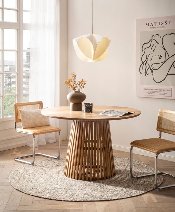 FineBuy Esstisch rund Ø 120 cm Mango Massivholz Natur – Moderner Holztisch mit Gittergestell, Design Esszimmertisch für 4 Personen, Küchentisch massiv