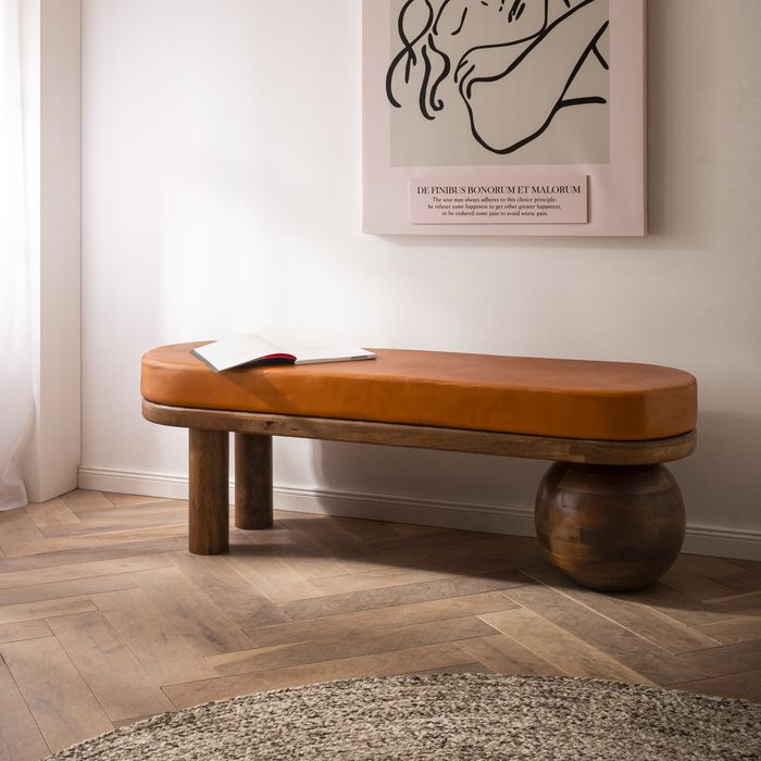 FineBuy Sitzbank Ziegenleder Mango Massivholz Bank 140x47x40 cm Modern, Flur Polsterbank Ausgefallen, Gepolsterte Lederbank Braun, Kleine Bettbank Flurbank