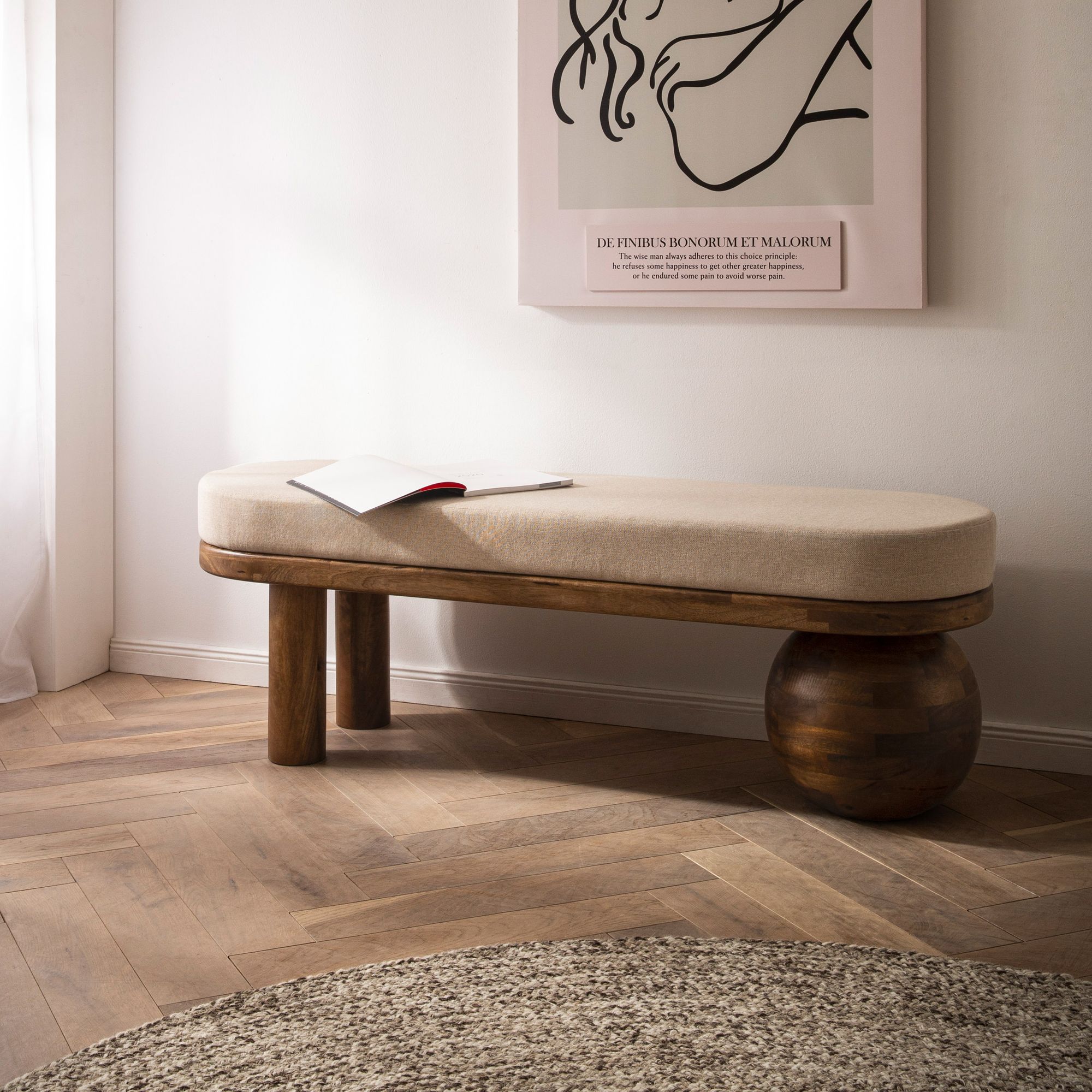Sitzbank FineBuy Flurbank Stoff Holz Massiv 140 cm Polsterbank Bank Beige Modern – Ansicht 1