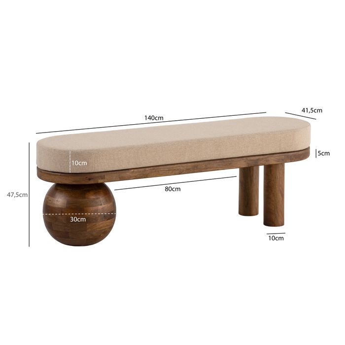 Sitzbank FineBuy Flurbank Stoff Holz Massiv 140 cm Polsterbank Bank Beige Modern – Maßzeichnung