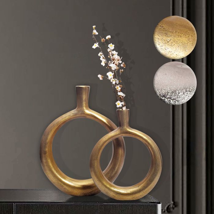 FineBuy Deko Vase 2er Set Aluminium Donut Blumenvase Modern, Dekovase Rund 2-teilig für Blumen, Alu Tischvase Wohndeko Tischdeko Handgefertigt