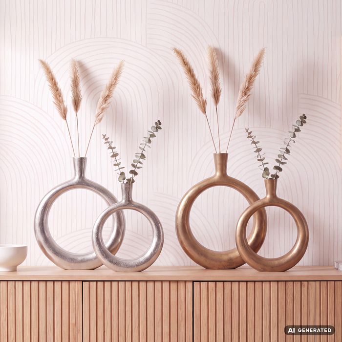 FineBuy Deko Vase 2er Set Aluminium Donut Blumenvase Modern, Dekovase Rund 2-teilig für Blumen, Alu Tischvase Wohndeko Tischdeko Handgefertigt