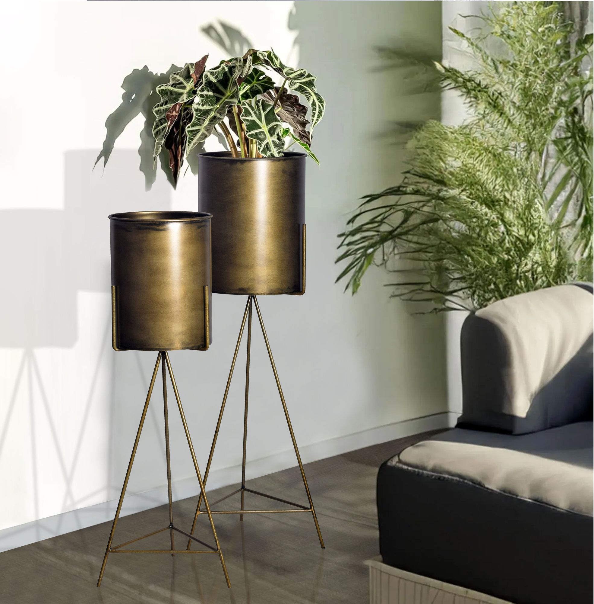 Blumentopf FineBuy Pflanzenkübel 2er Set Metall Gold Rund Pflanzgefäß Hoch Eisen – Ansicht 2